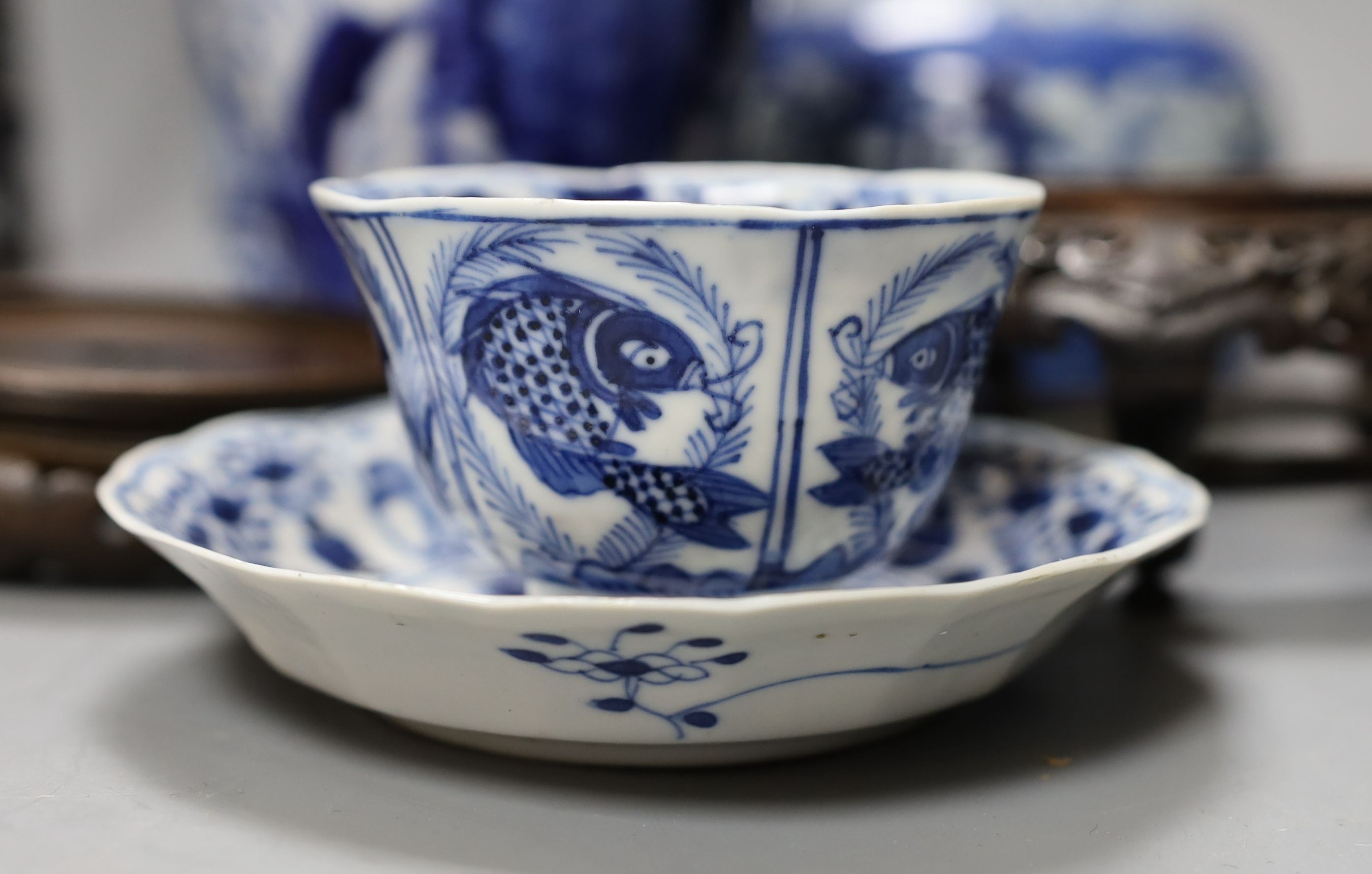 A Chinese Kangxi style teabowl and saucer, other oriental ceramics, carved hardwood easel, etc.